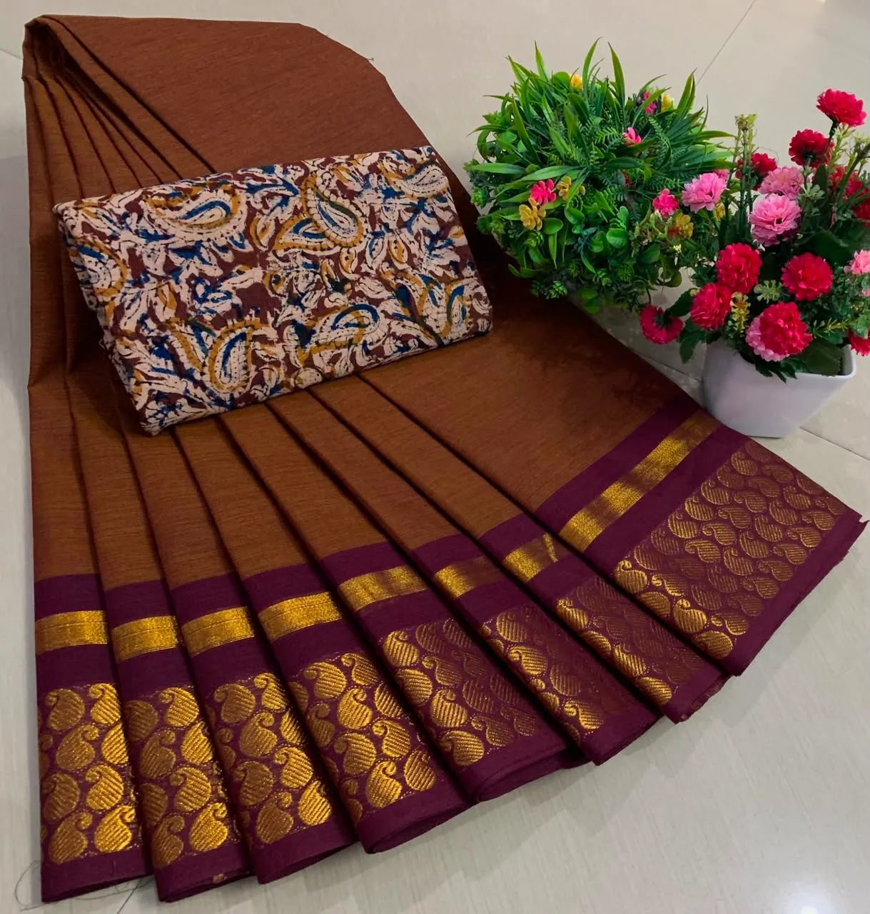 Coffee Brown Chettinadu Pure Cotton Saree with Kalamkari Blouse